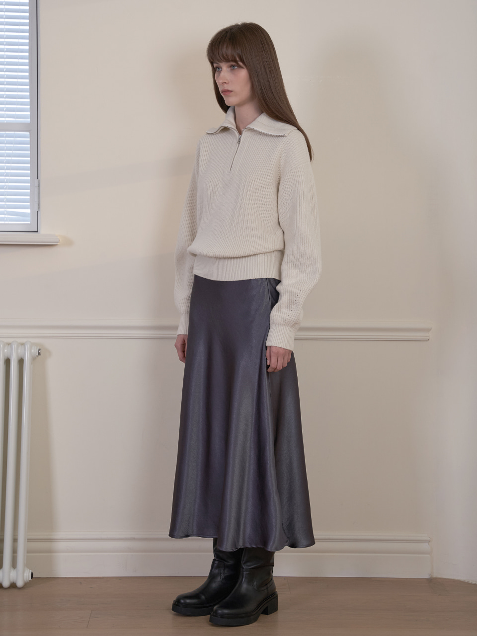 Satin Flare Skirt (Charcoal)