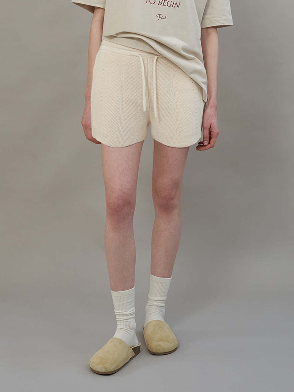 Knit Drawstring Shorts (Cream)